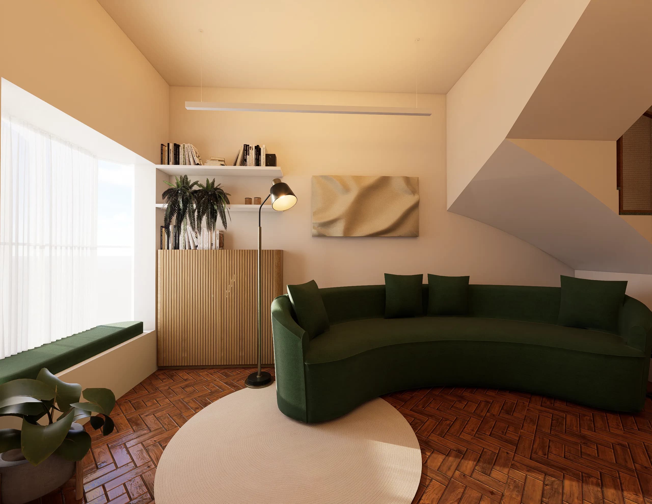Living com sofá curvo verde e integração biofílica