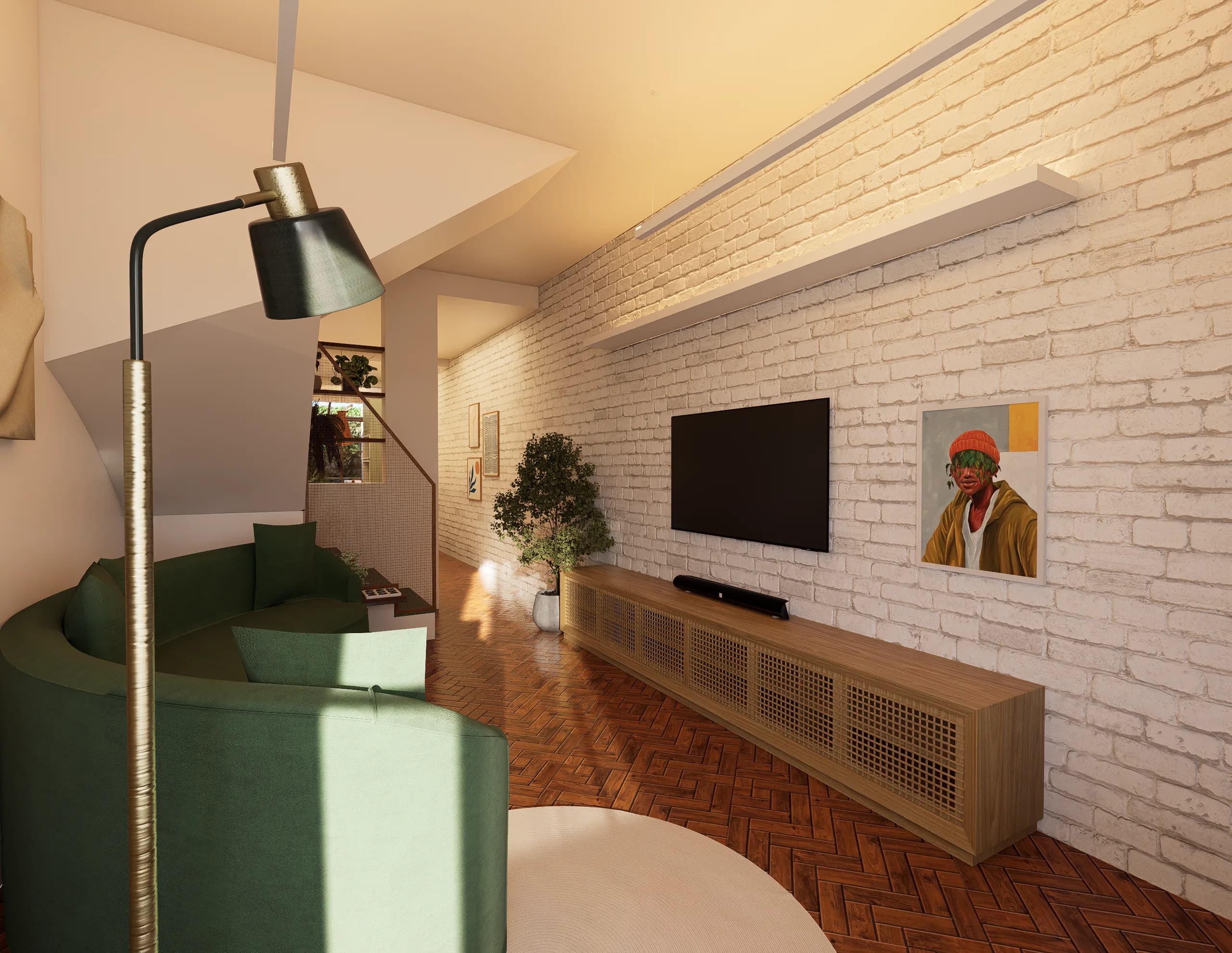 Sala com parede de tijolinho e sofá verde