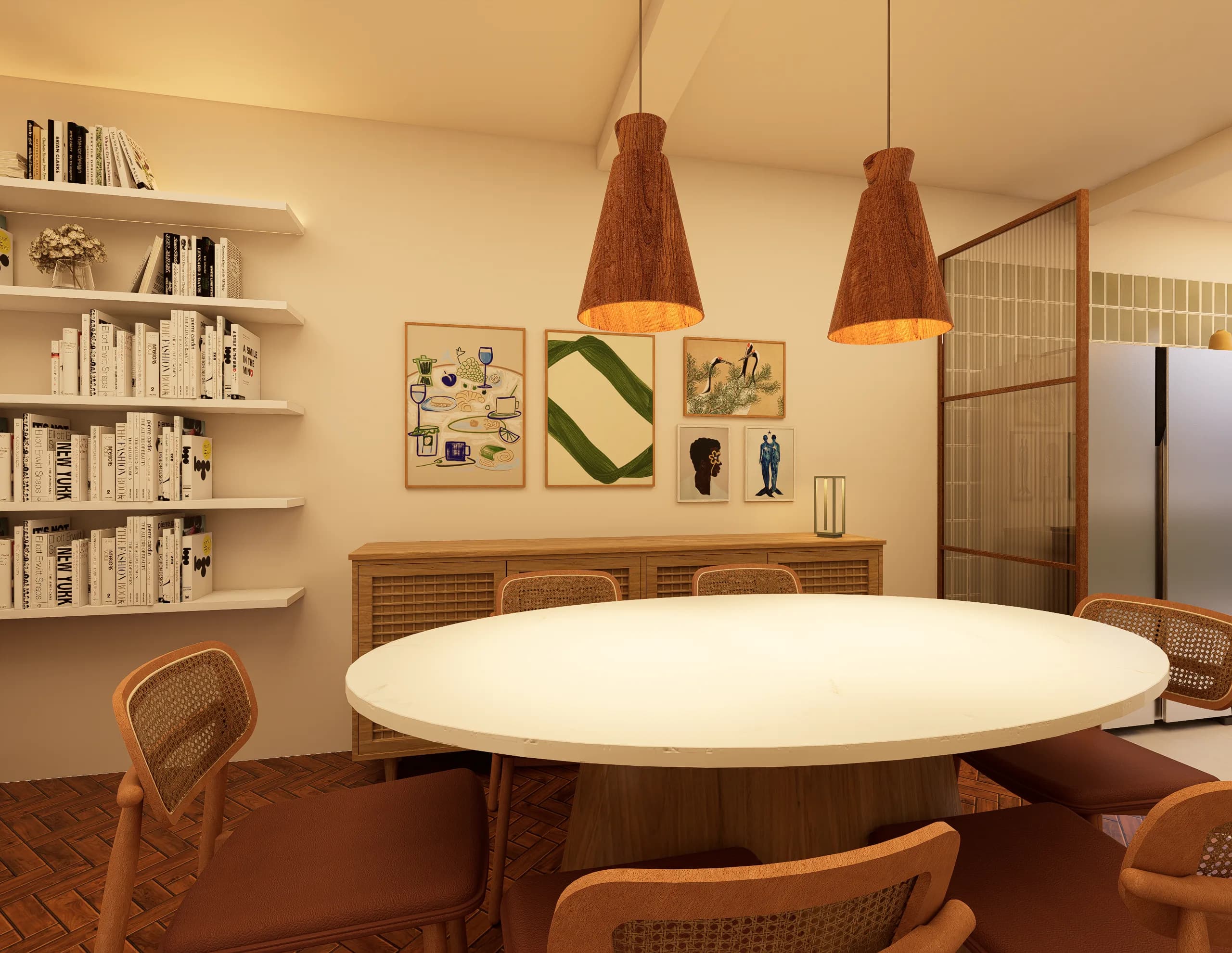 Sala de jantar com pendentes em madeira e iluminação quente